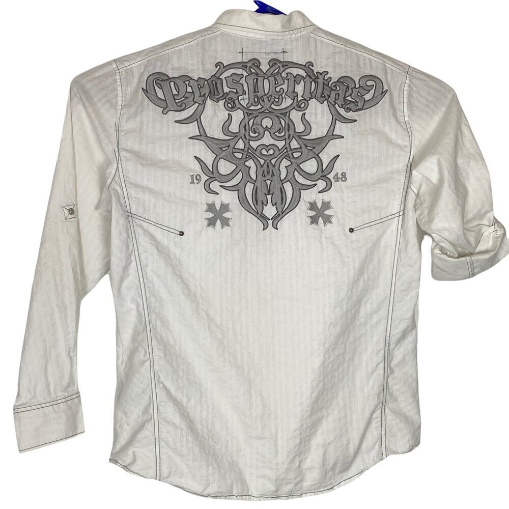 BUCKLE‎ Men Shirt Sz XL White Snap Long Sleeve Embroidered Graphic Casual 50-14